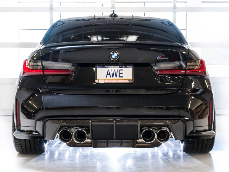 BMW M3 Performance Exhaust - AWE Tuning - Track Edition Cat-Back, Chrome Silver Quad 4.5 in Double-Walled Slash-Cut Tips - Chrome Silver - `21-`27